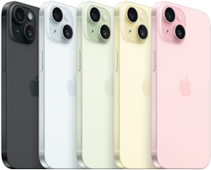 Vista posterior del iPhone 15 que muestra el sistema avanzado de cámaras y el vidrio con infusión de color en todos los acabados: negro, azul verde, amarillo y rosa. 